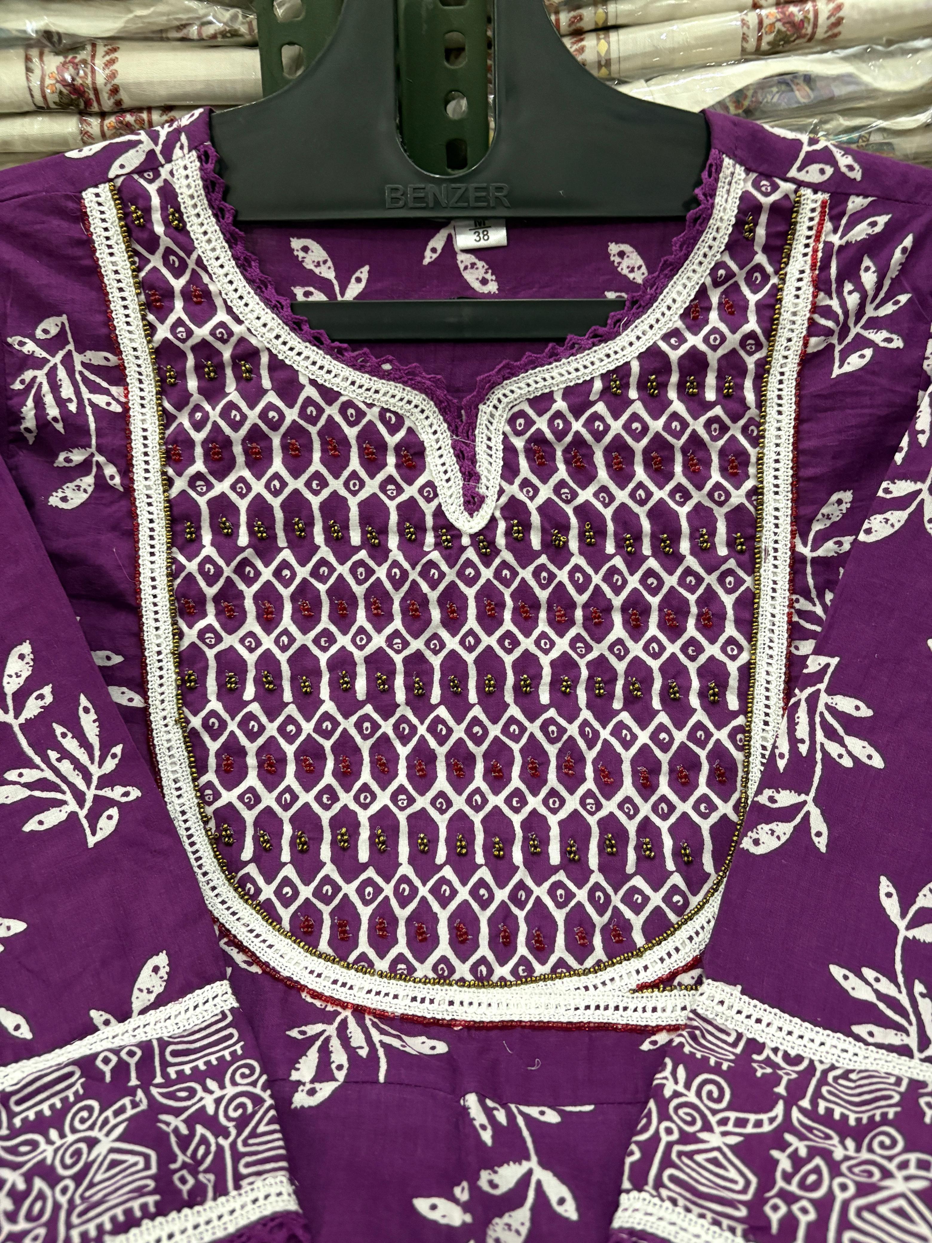 Purple Discharge Print Handwork Cotton Suit Set
