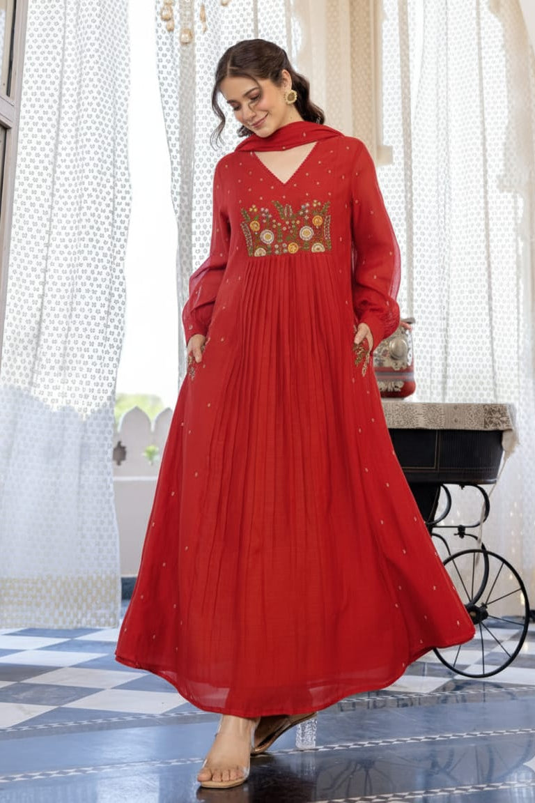 Zariya Red Embroidered Anarkali Cotton Suit Set