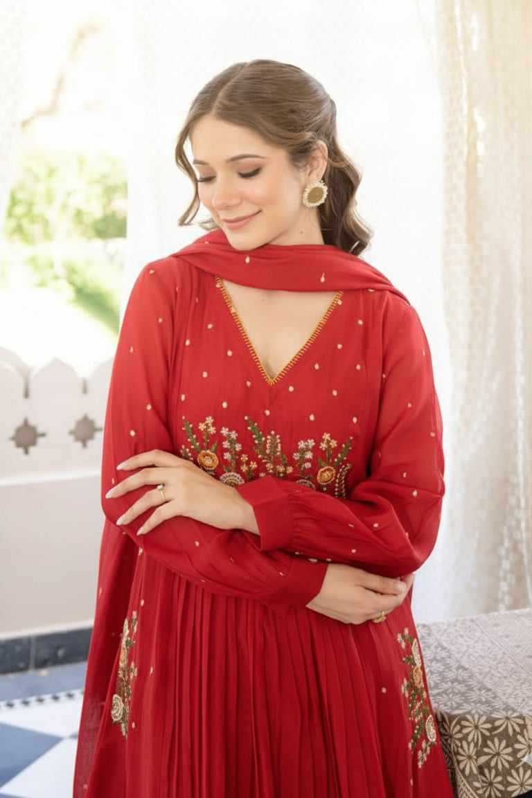 Zariya Red Embroidered Anarkali Cotton Suit Set