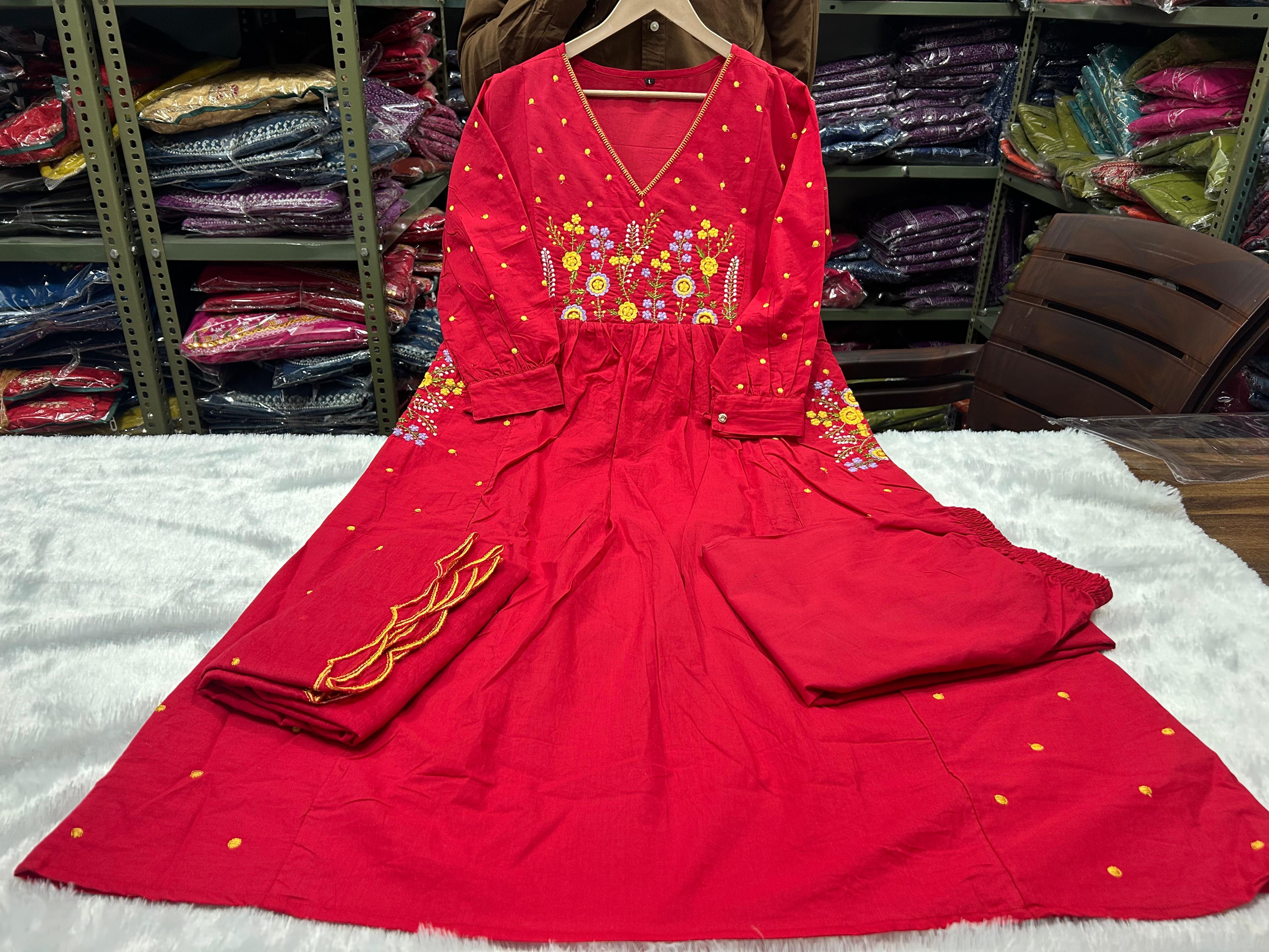 Zariya Red Embroidered Anarkali Cotton Suit Set