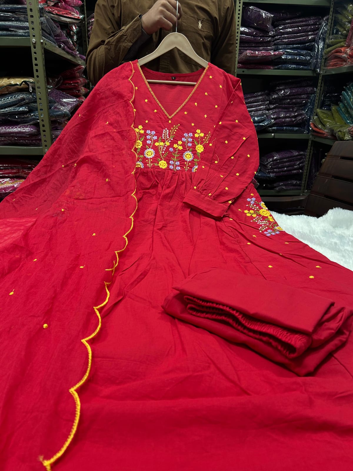 Zariya Red Embroidered Anarkali Cotton Suit Set