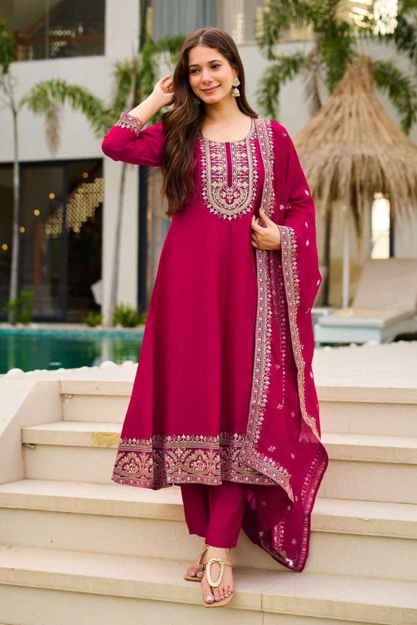 Pure Vichitra Silk Embroidered Kurta Set
