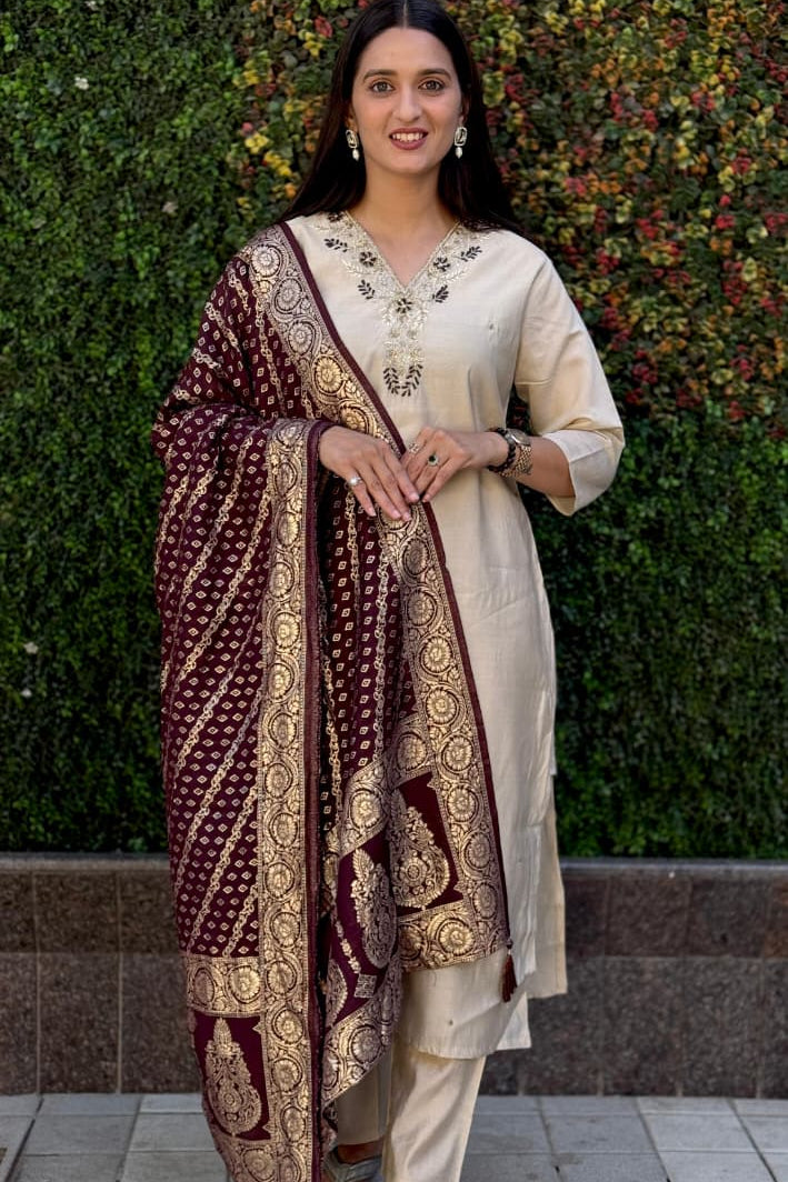 Beige Roman Silk Designer Kurti Pant Dupatta Set