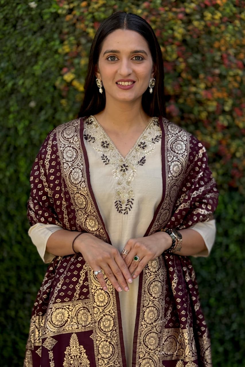 Beige Roman Silk Designer Kurti Pant Dupatta Set