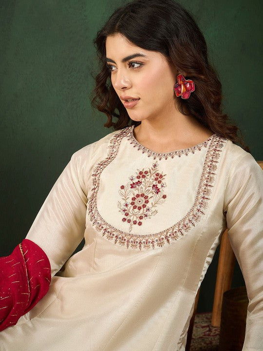 White Vichitra Silk Embroidered Kurta Pant Dupatta Set