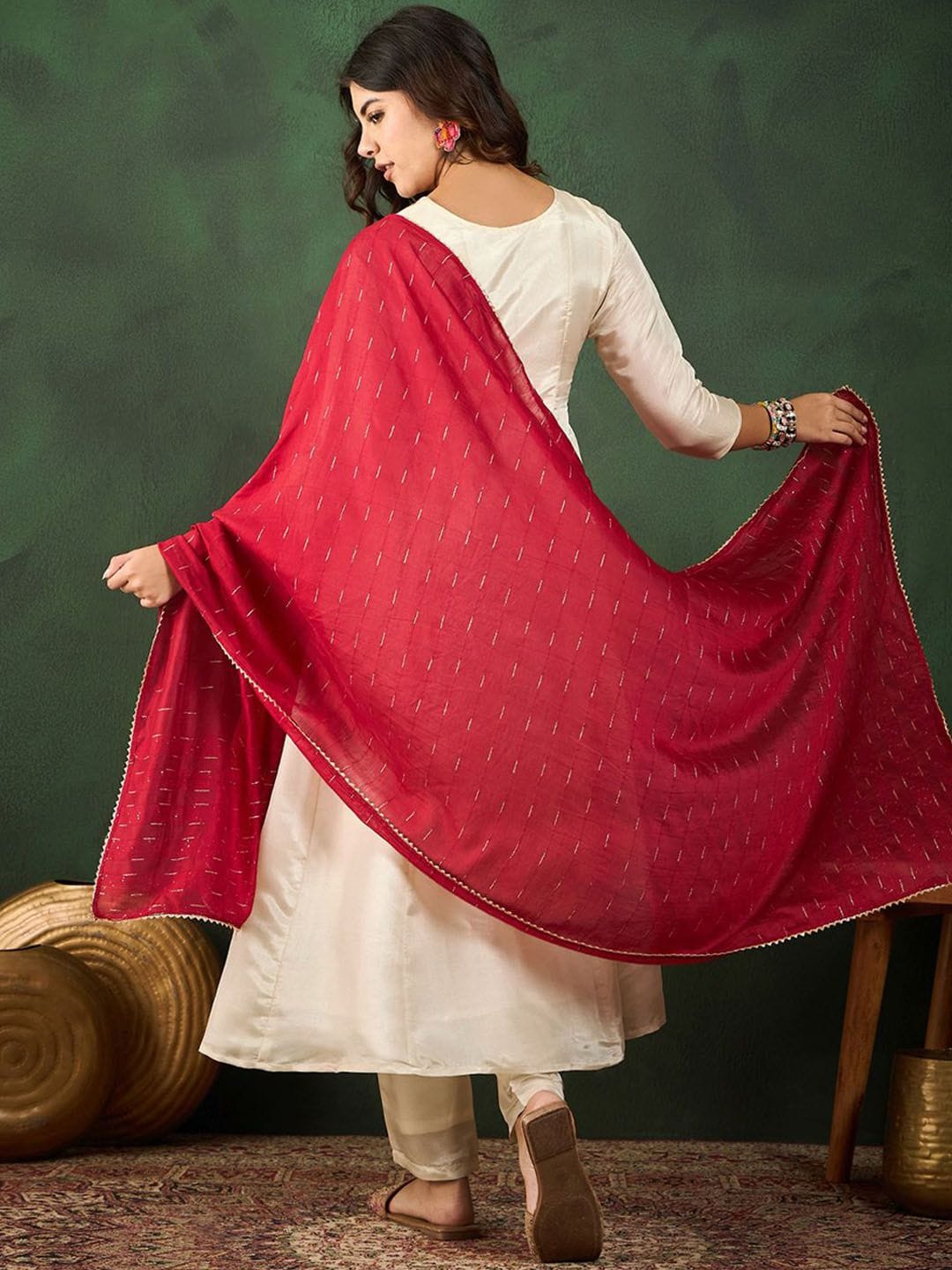 White Vichitra Silk Embroidered Kurta Pant Dupatta Set