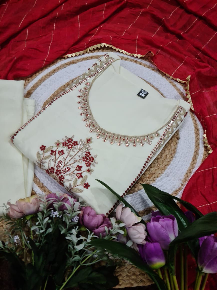 White Vichitra Silk Embroidered Kurta Pant Dupatta Set