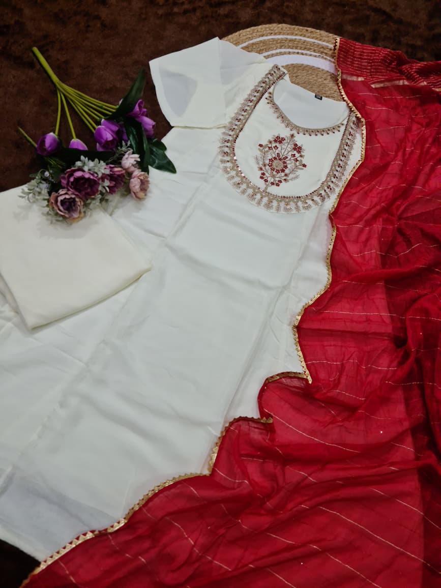White Vichitra Silk Embroidered Kurta Pant Dupatta Set