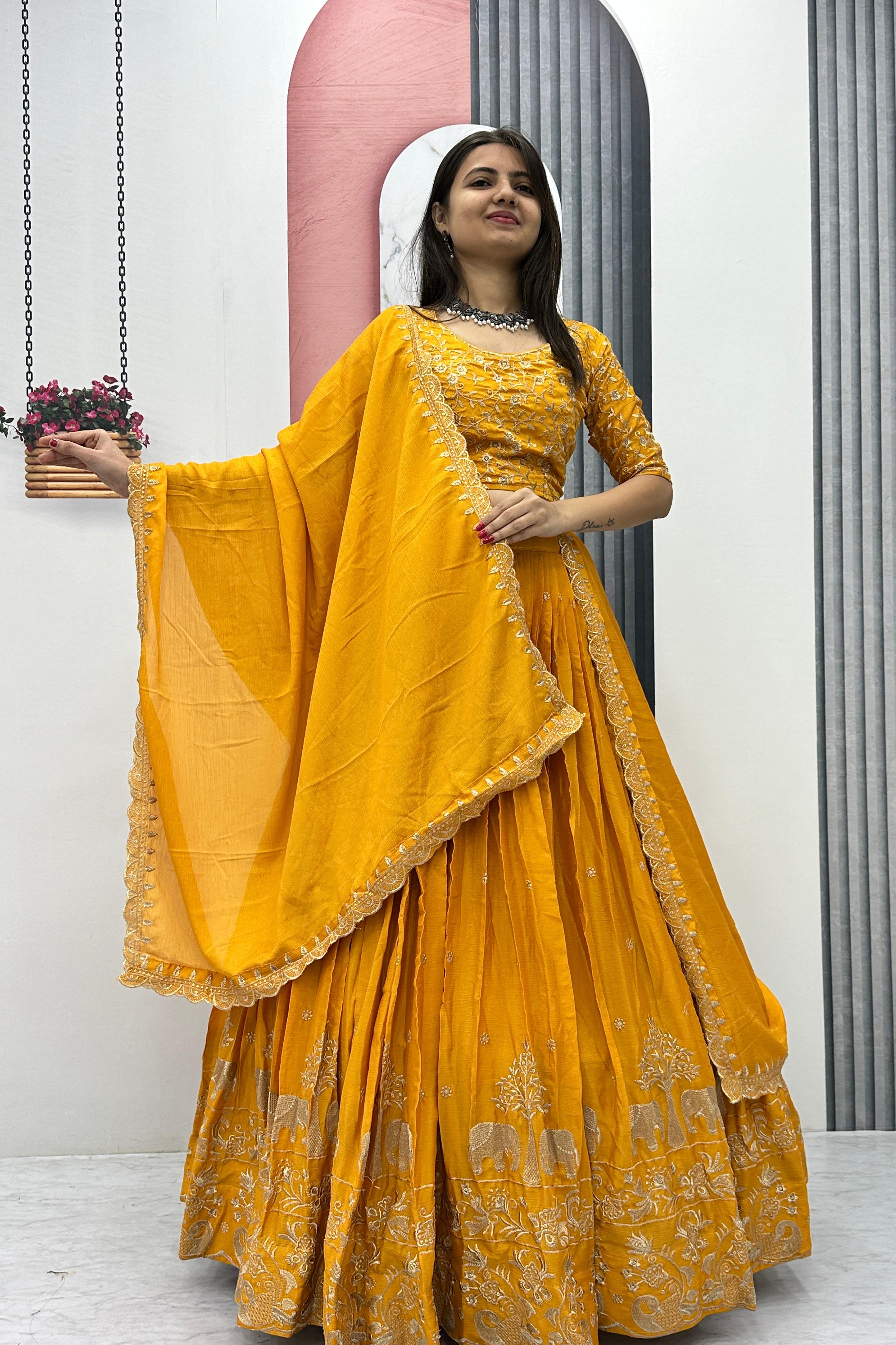 Yellow Chinon Festival Embroidered Lehenga Choli
