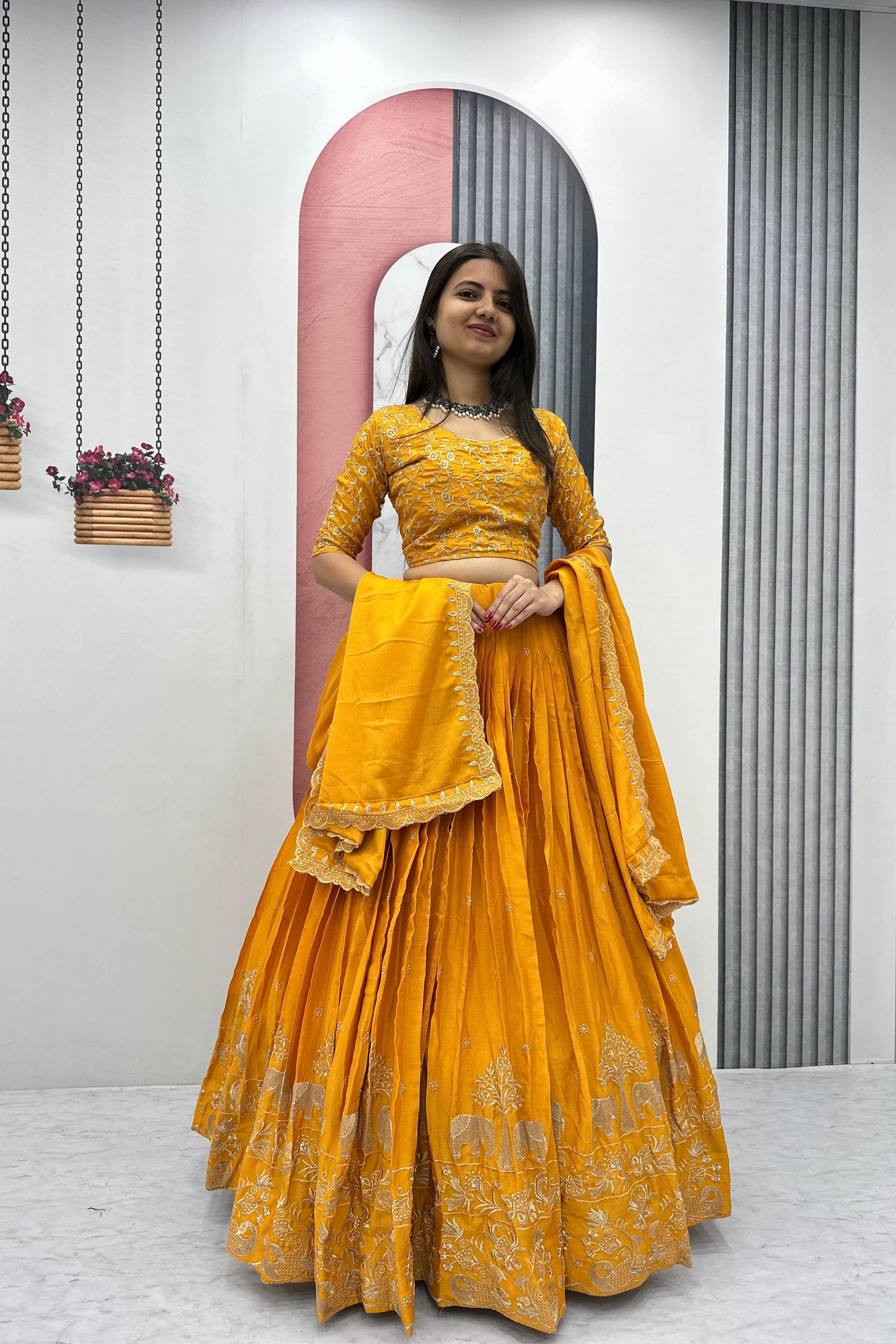 Yellow Chinon Festival Embroidered Lehenga Choli