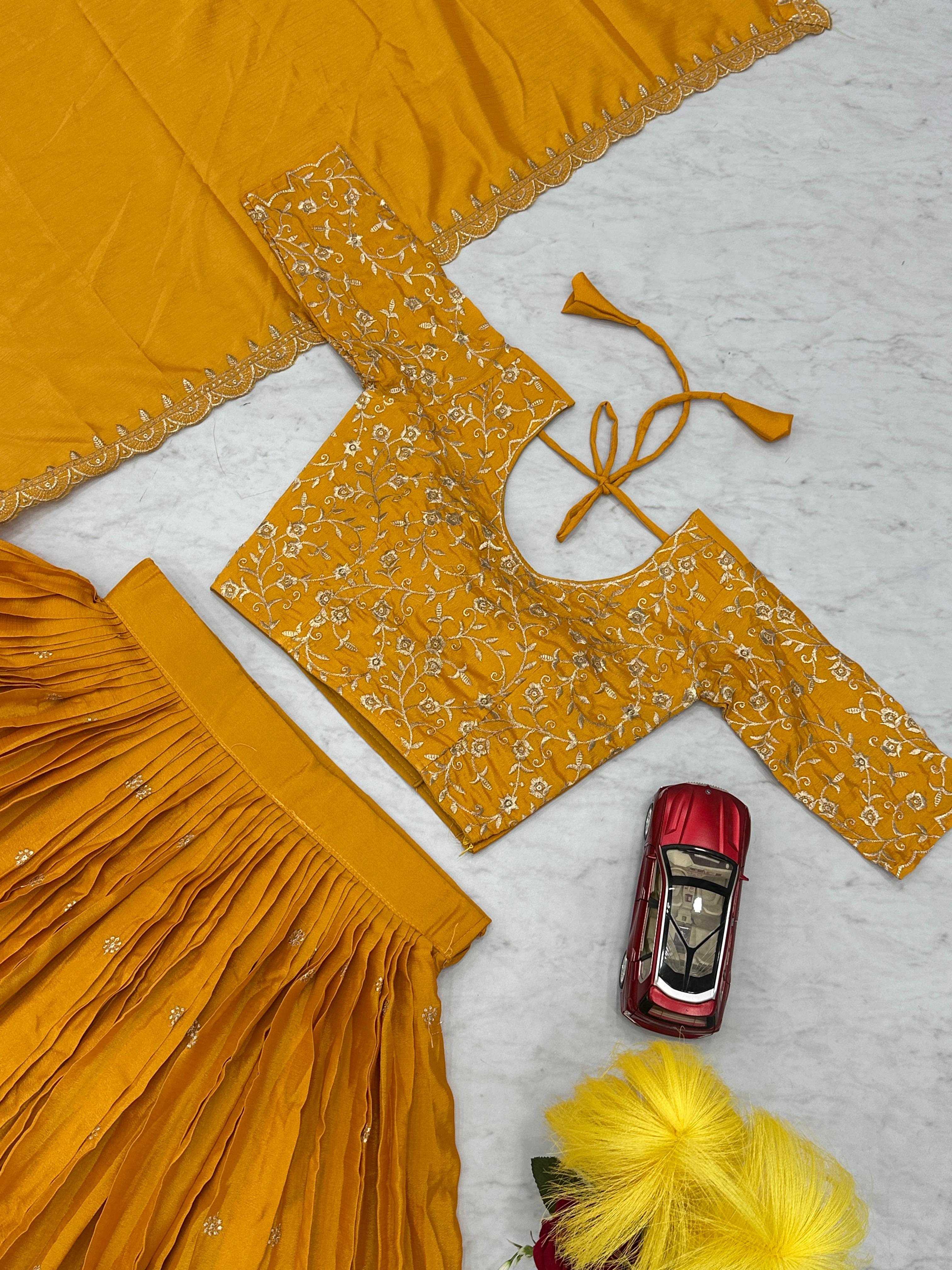 Yellow Chinon Festival Embroidered Lehenga Choli