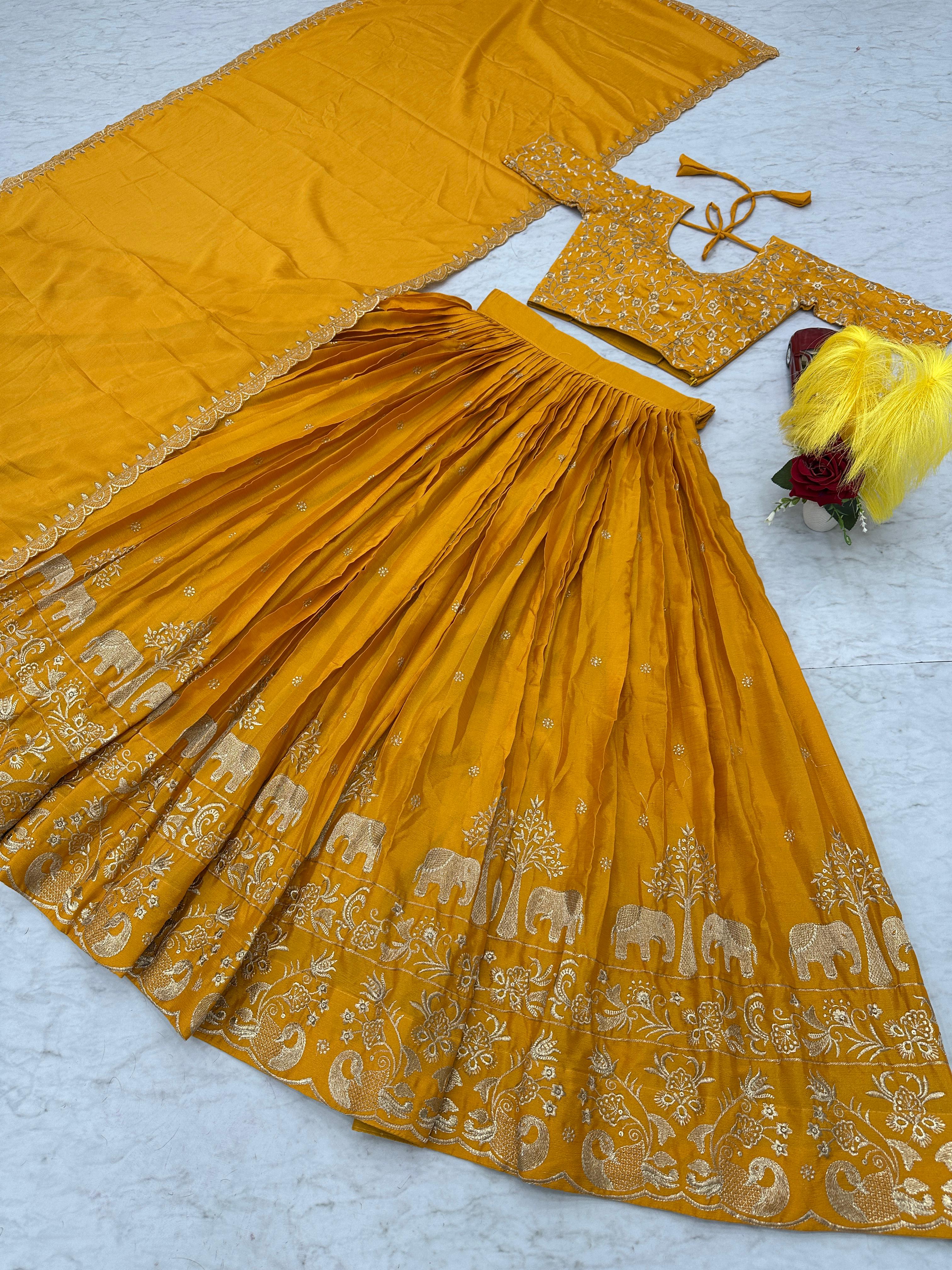 Yellow Chinon Festival Embroidered Lehenga Choli
