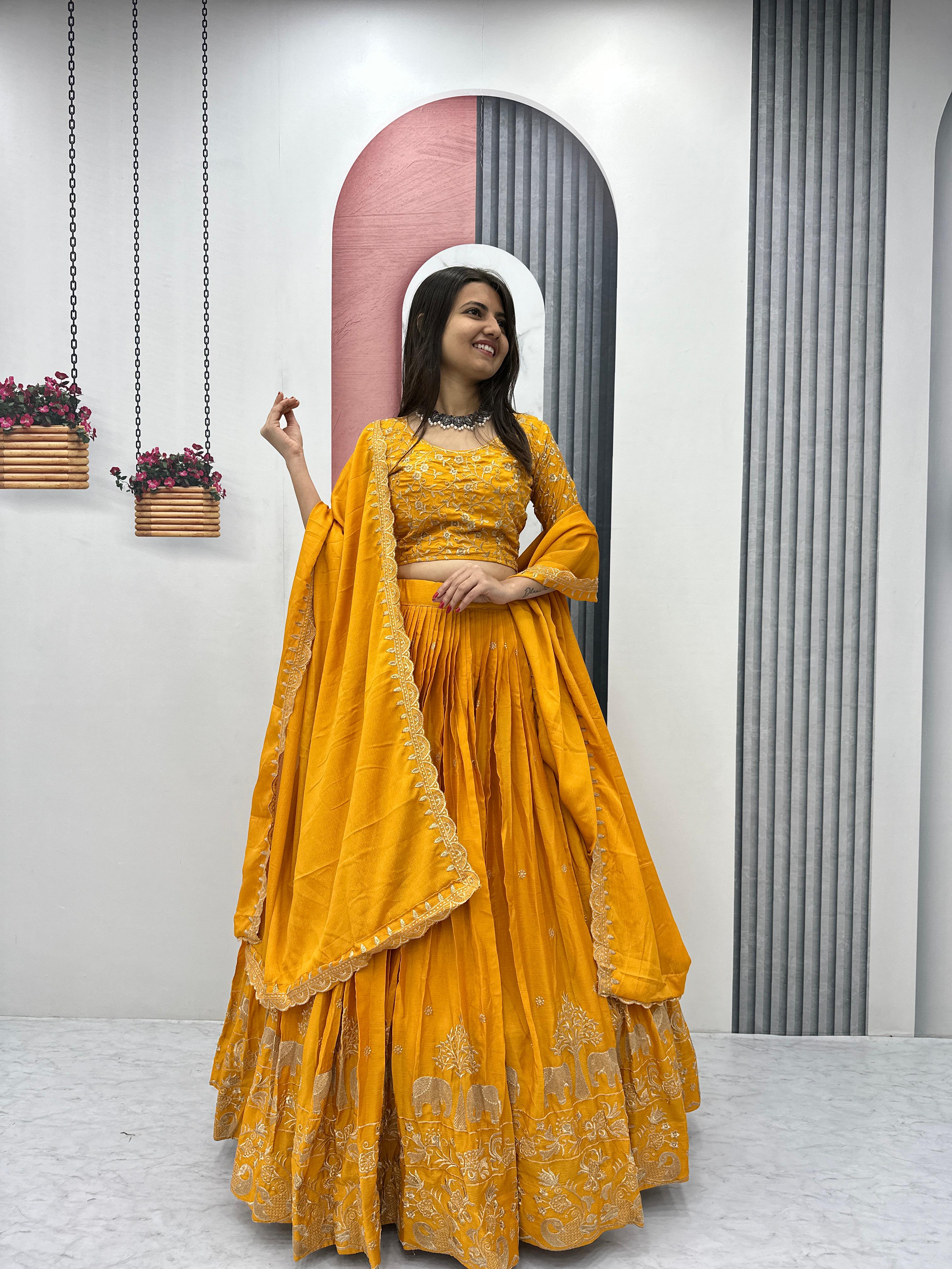 Yellow Chinon Festival Embroidered Lehenga Choli