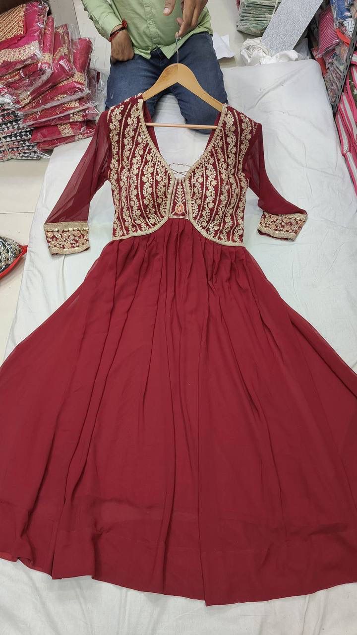 Maroon Faux Georgette Embroidered Designer Gown