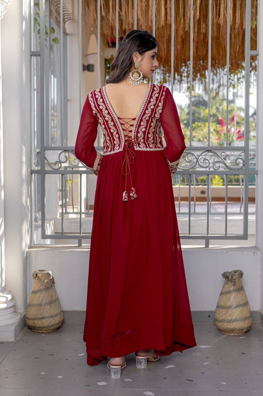 Maroon Faux Georgette Embroidered Designer Gown