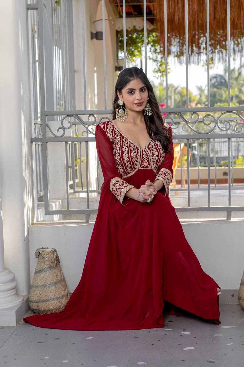 Maroon Faux Georgette Embroidered Designer Gown