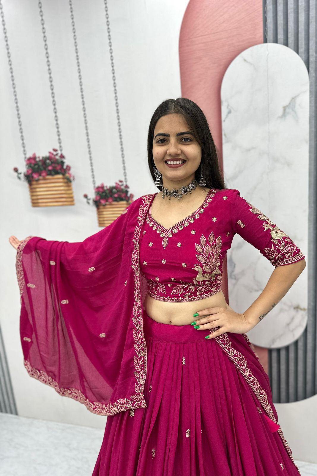Tapi Pink Chinon Festival Embroidered Lehenga Choli