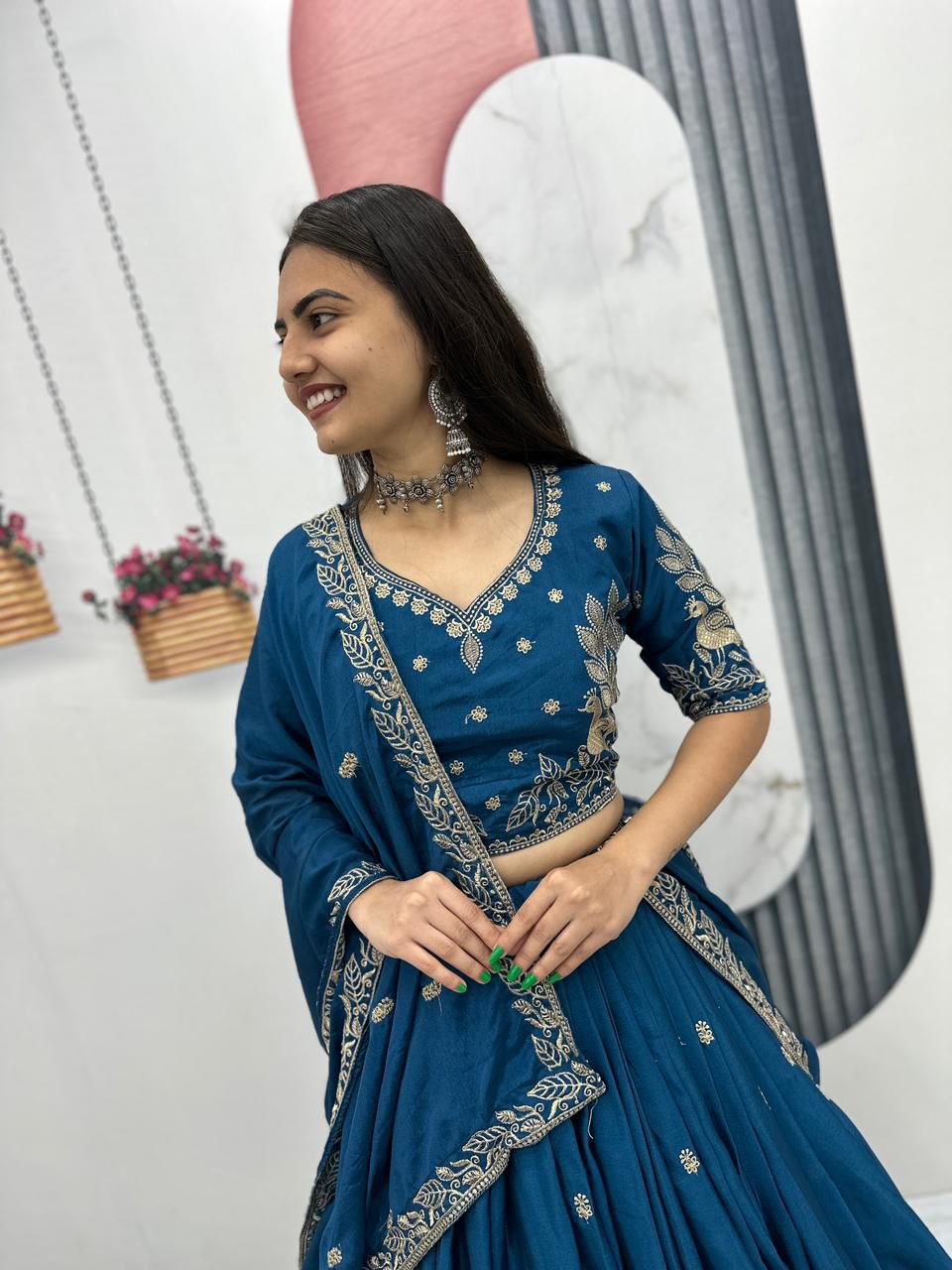 Tapi Blue Chinon Festival Embroidered Lehenga Choli