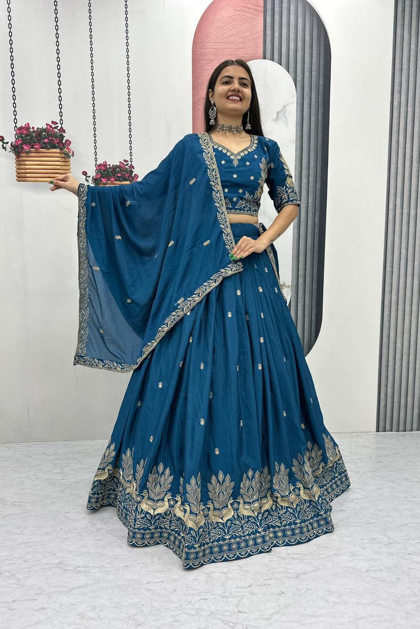 Tapi Blue Chinon Festival Embroidered Lehenga Choli