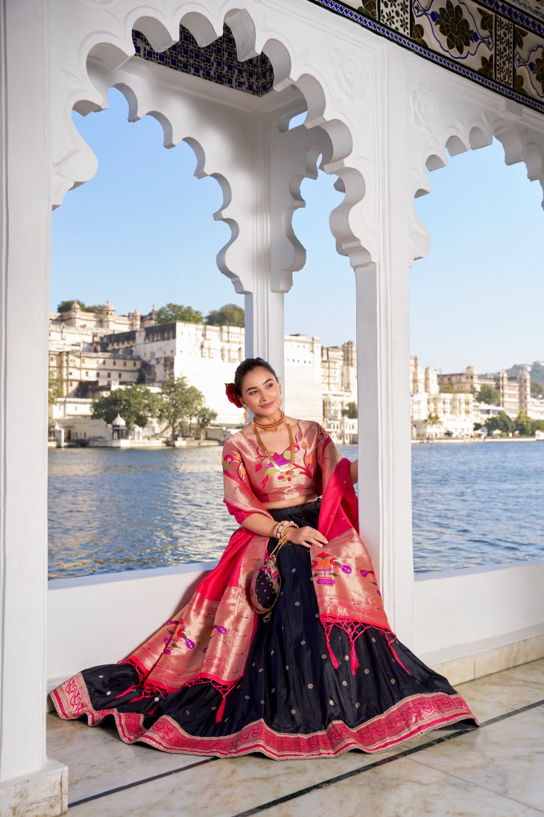 Black Paithani Jacquard Silk Lehenga Set