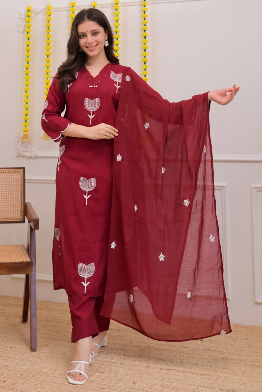 Pure Cotton Embroidered Moti Work Suit Set with Dupatta