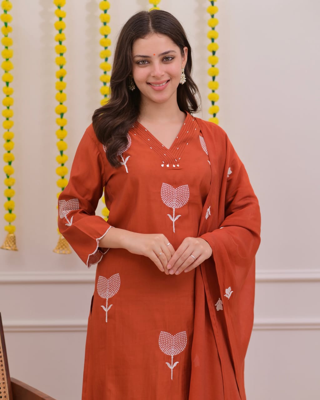 Pure Cotton Embroidered Moti Work Suit Set with Dupatta