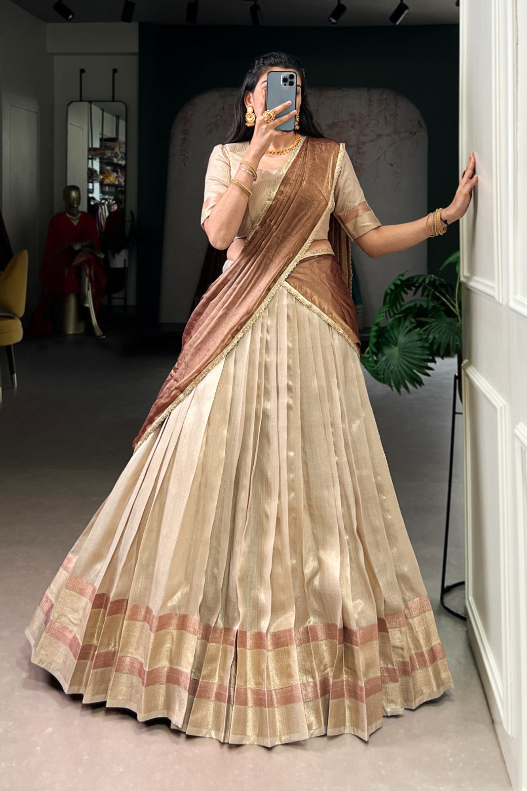 Riwaayat  Beige Zari Weave Dupion Silk Lehenga Set