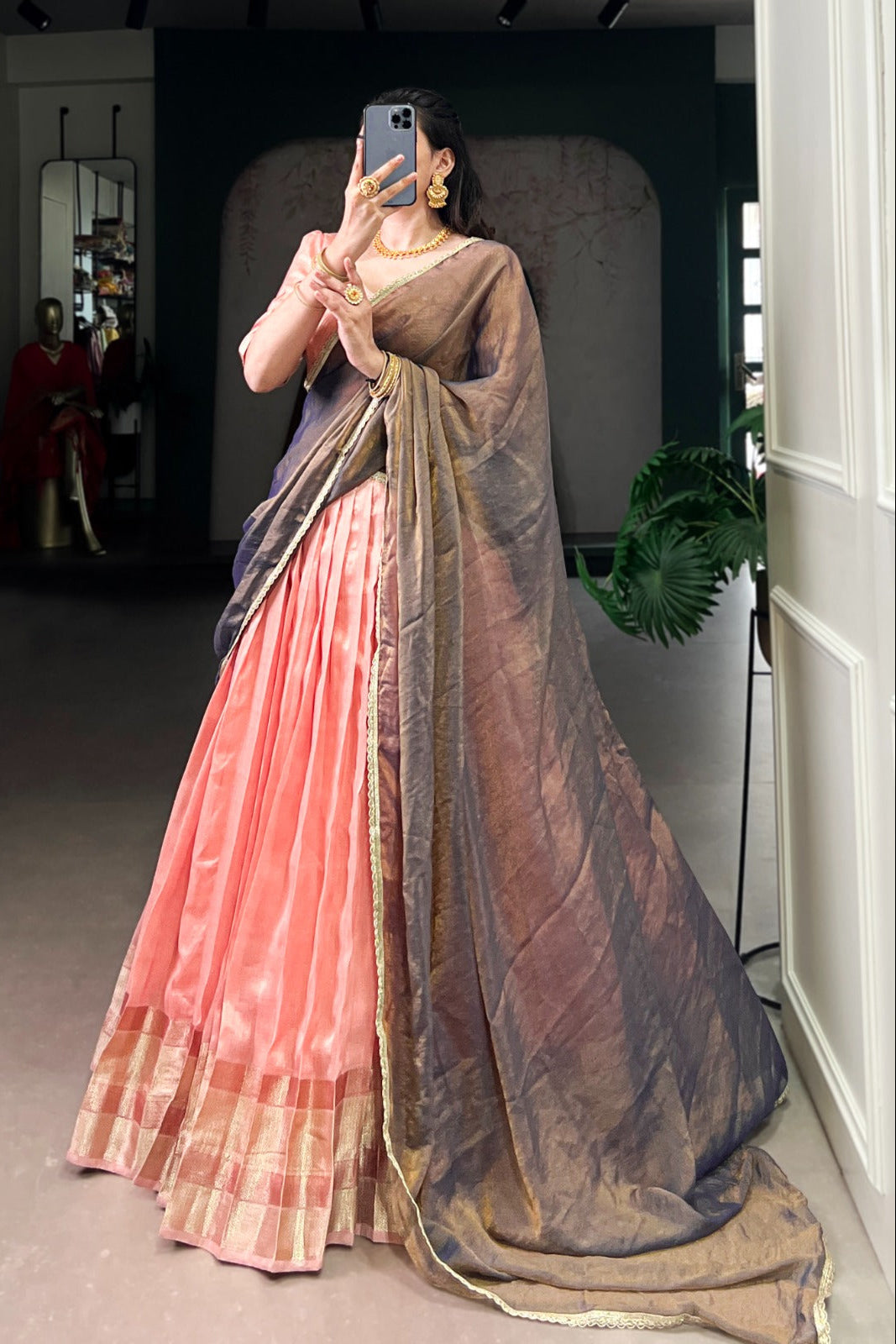 Riwaayat Peach Zari Weave Dupion Silk Lehenga Set