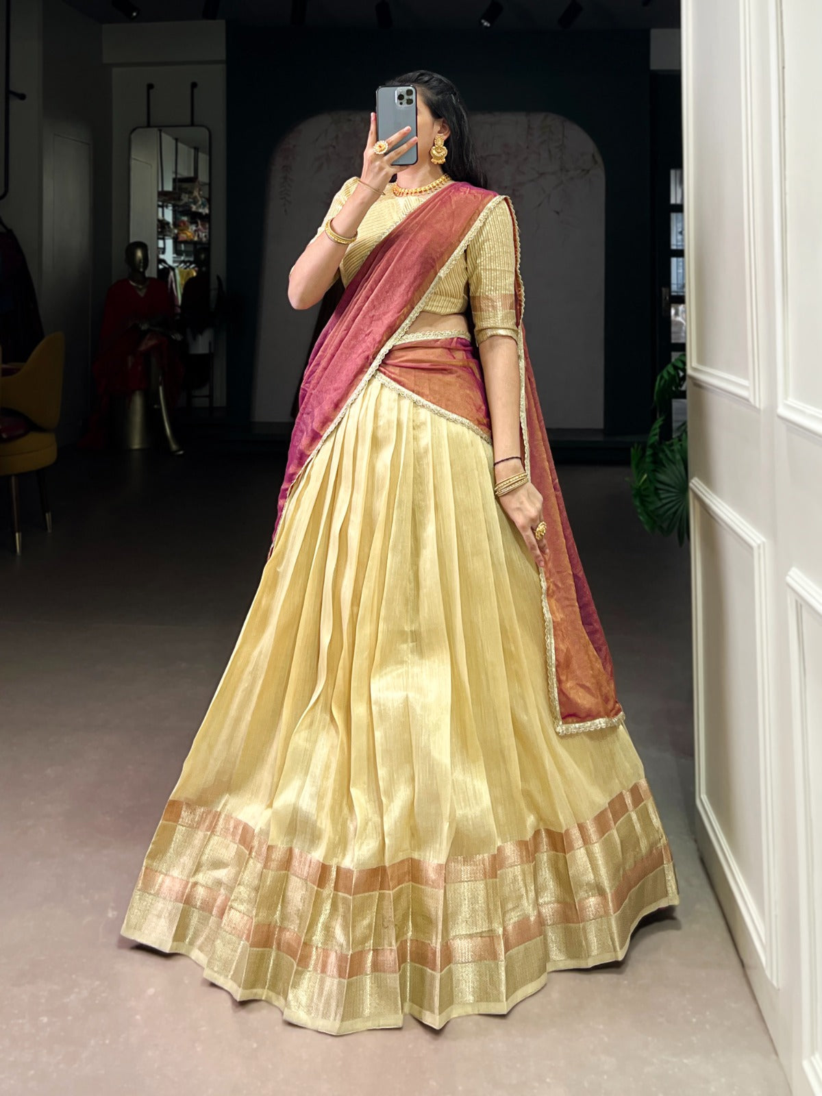 Riwaayat Light Golden Zari Weave Dupion Silk Lehenga Set