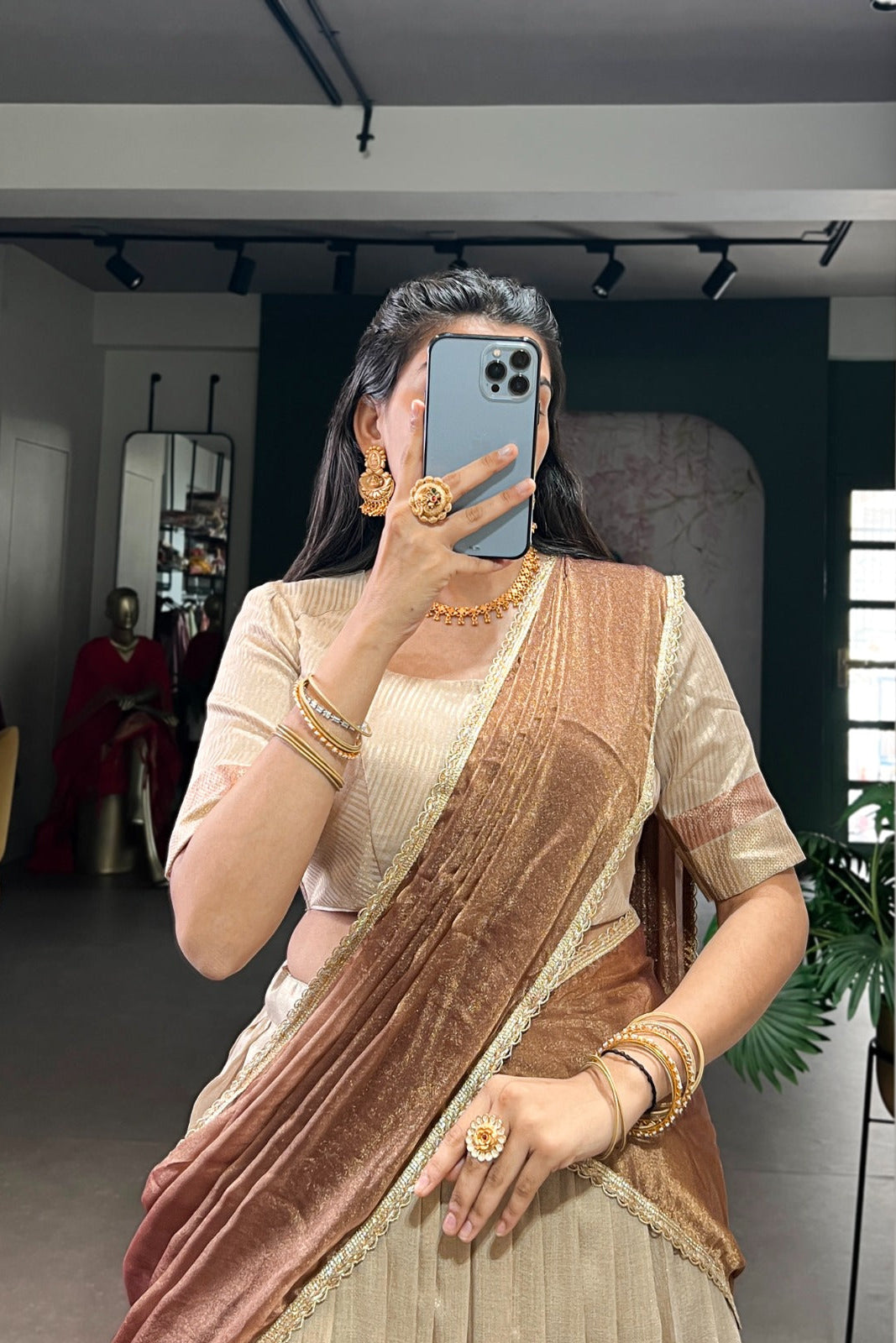 Riwaayat  Beige Zari Weave Dupion Silk Lehenga Set