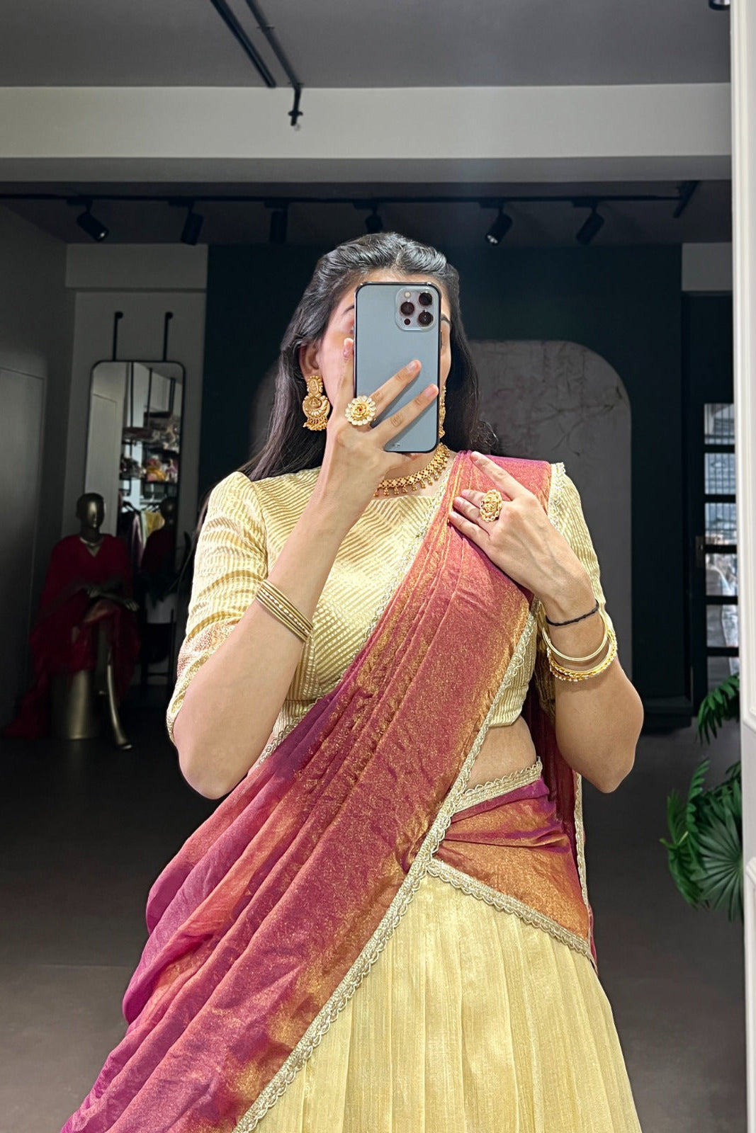 Riwaayat Light Golden Zari Weave Dupion Silk Lehenga Set