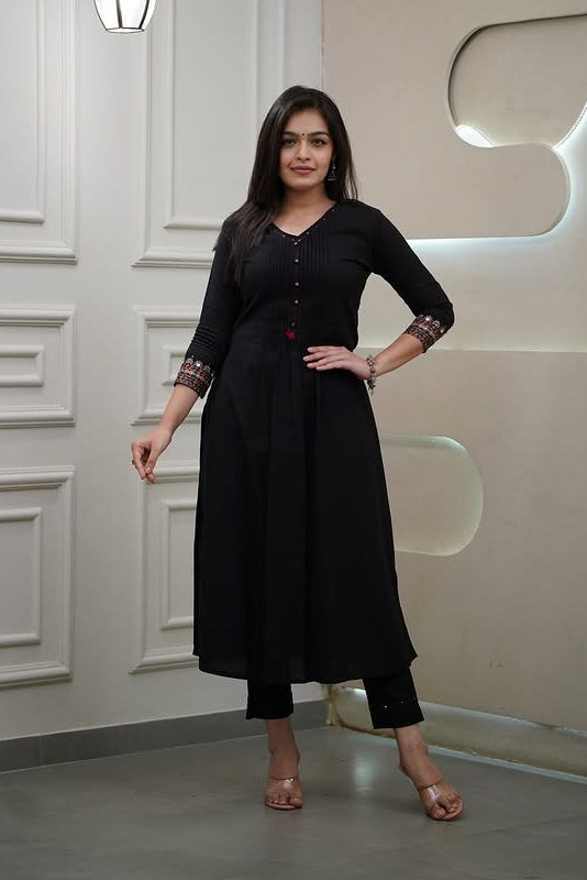 Black Monochrome Cotton Embroidered Kurti Pant Set