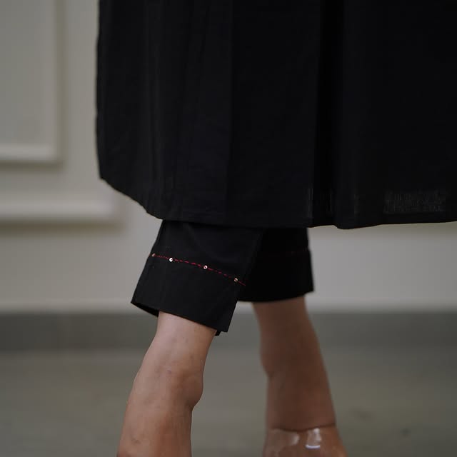 Black Monochrome Cotton Embroidered Kurti Pant Set