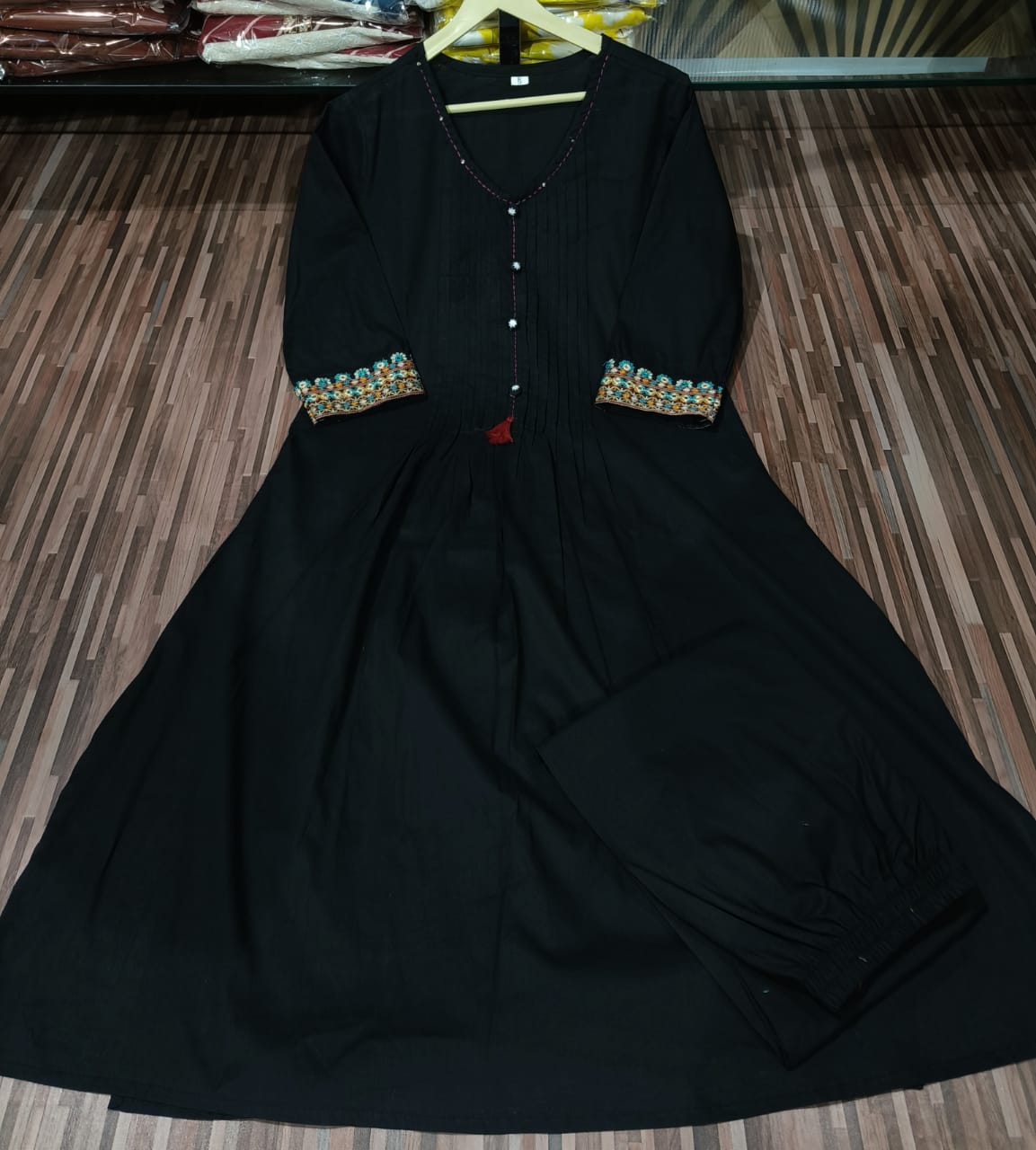 Black Monochrome Cotton Embroidered Kurti Pant Set