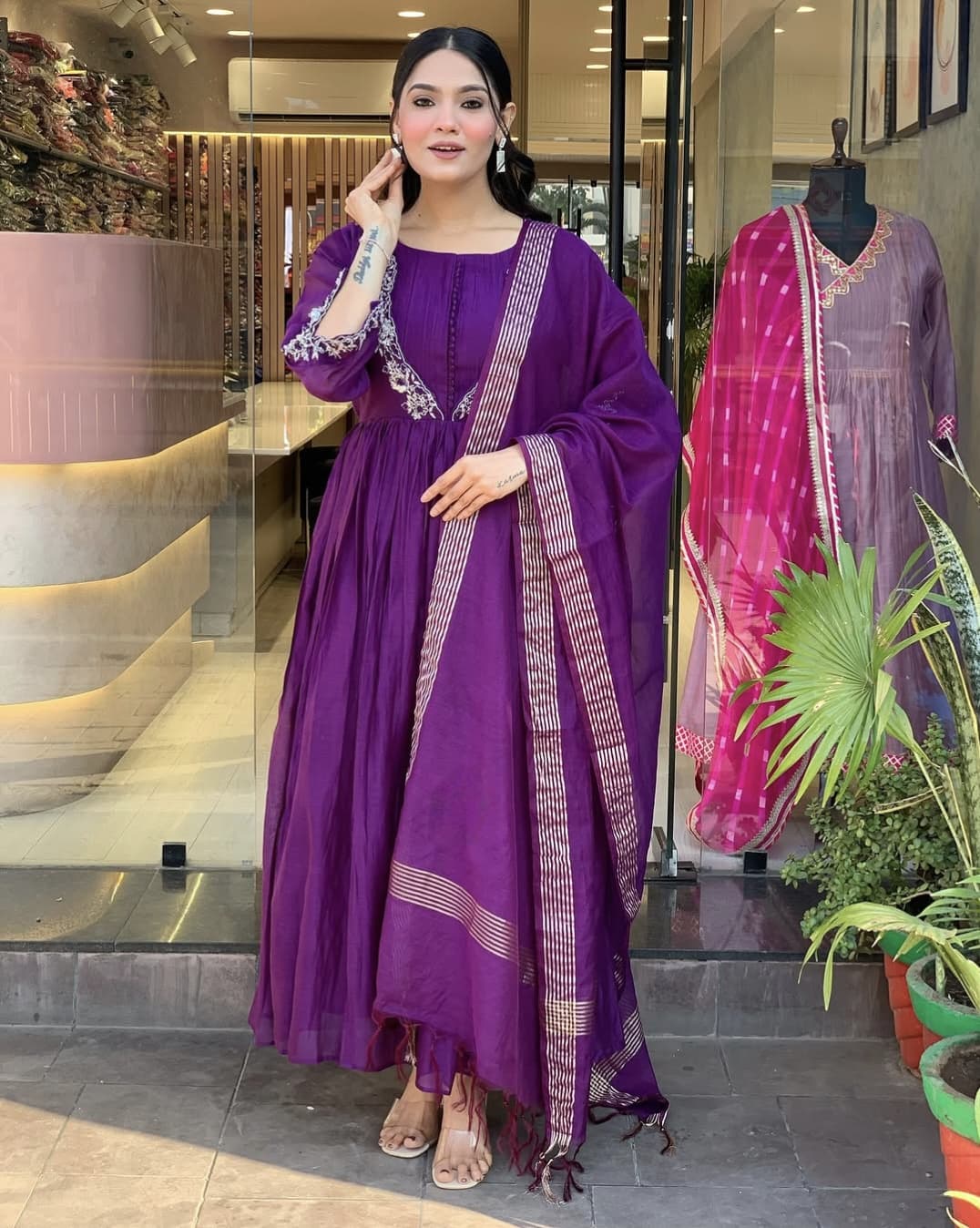 Viscose Chinon Embroidered Suit Set with Chanderi Silk Dupatta