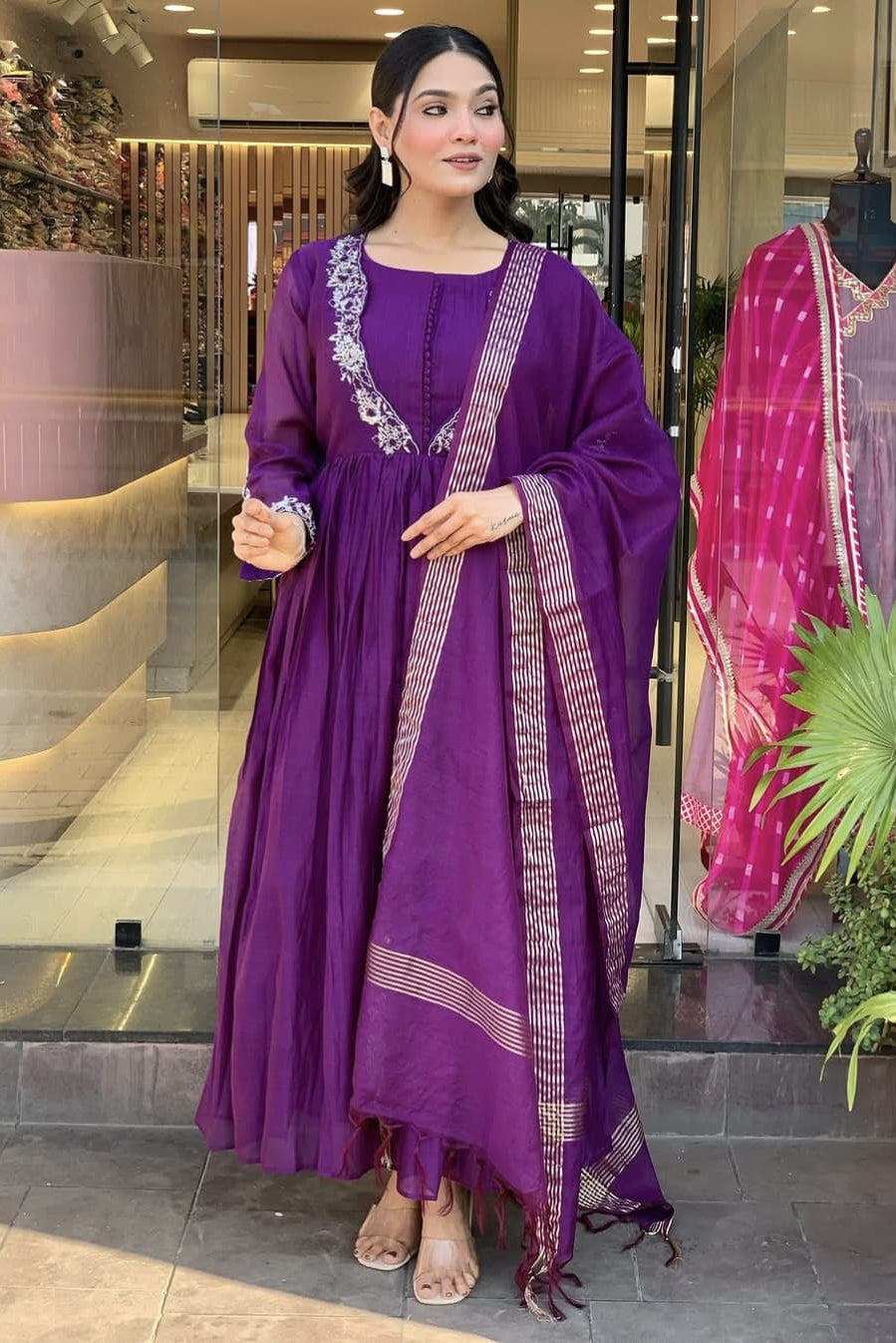 Viscose Chinon Embroidered Suit Set with Chanderi Silk Dupatta