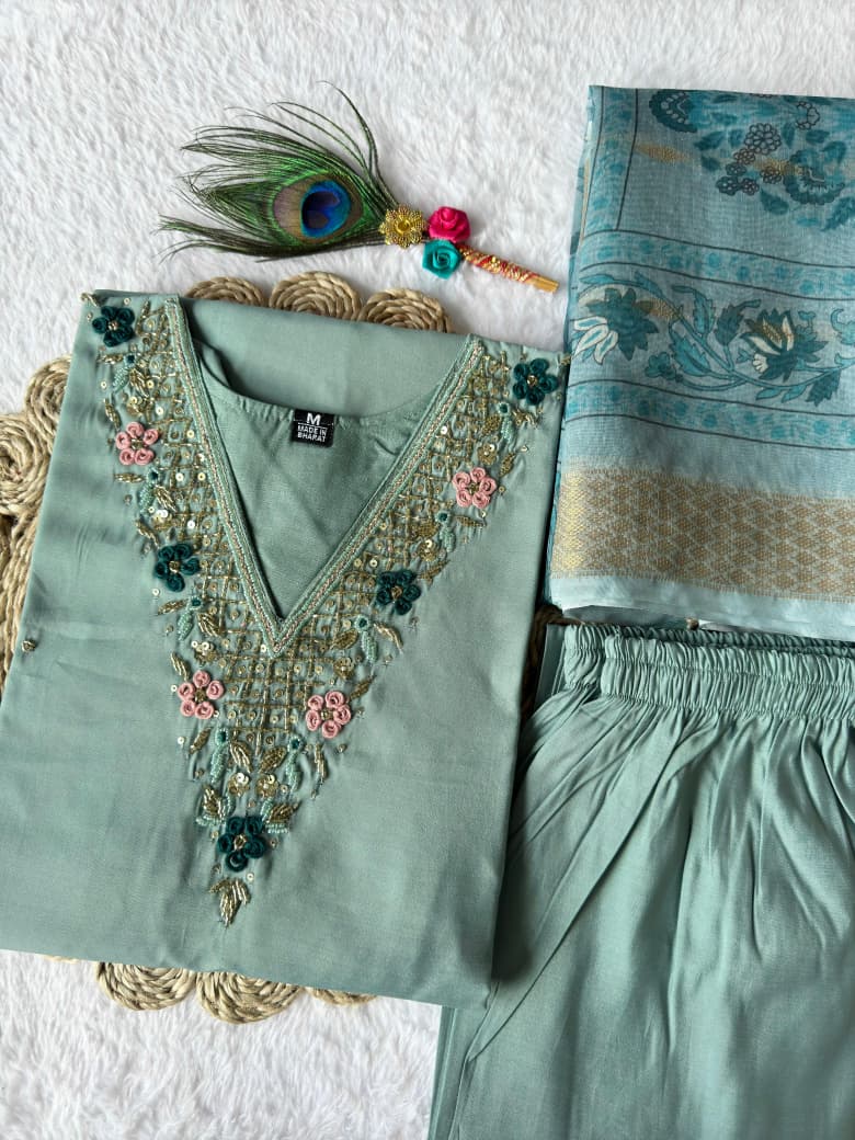 Neel Tara Chanderi Kurti Pant Dupatta Set