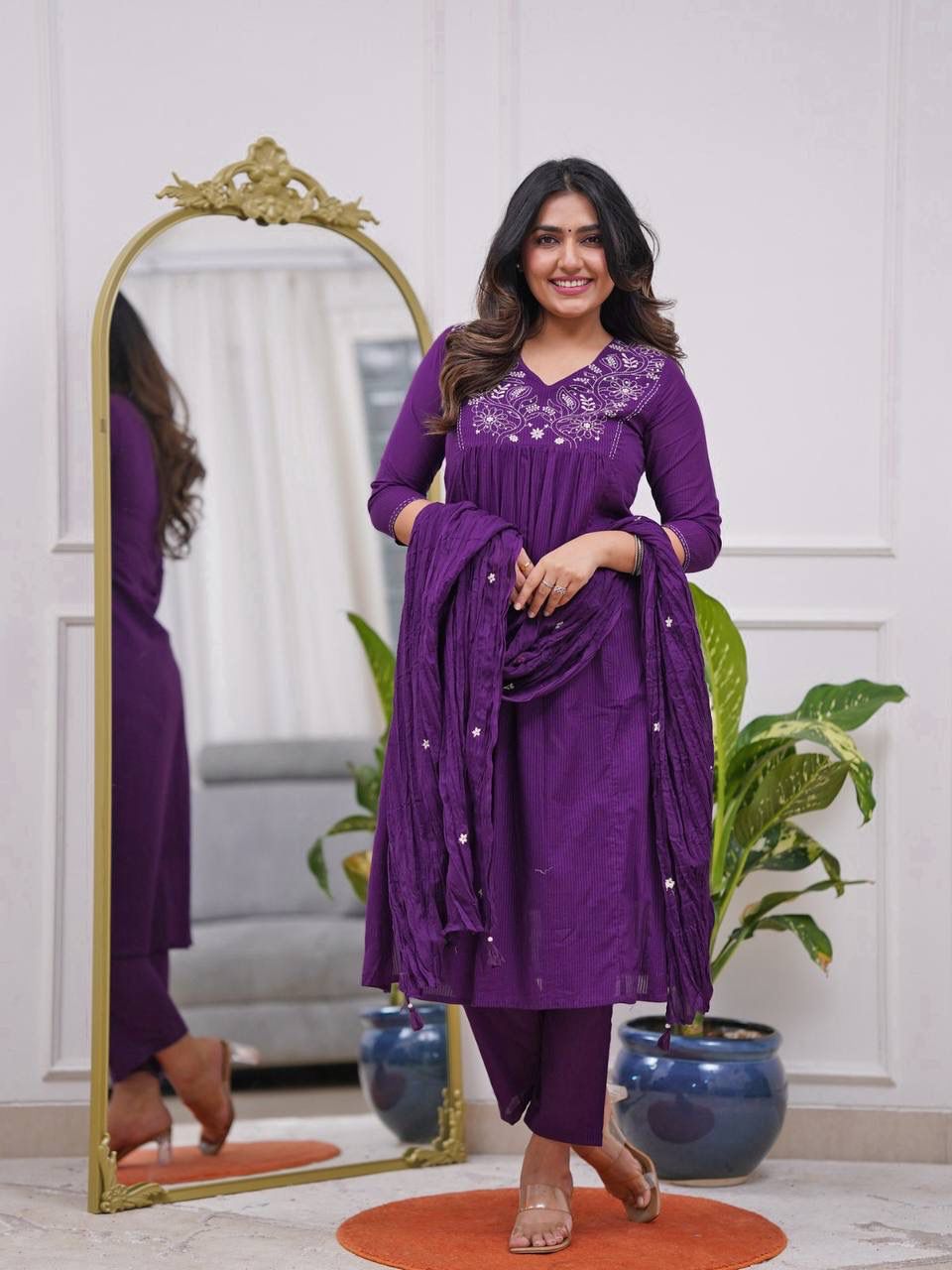 Purple Gulab Noor Rayon Flared Kurta Set