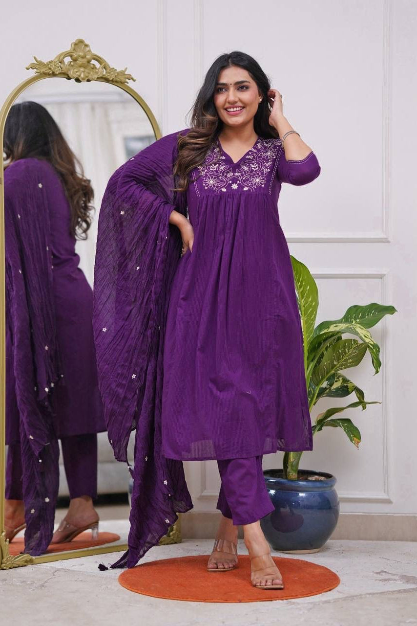 Purple Gulab Noor Rayon Flared Kurta Set