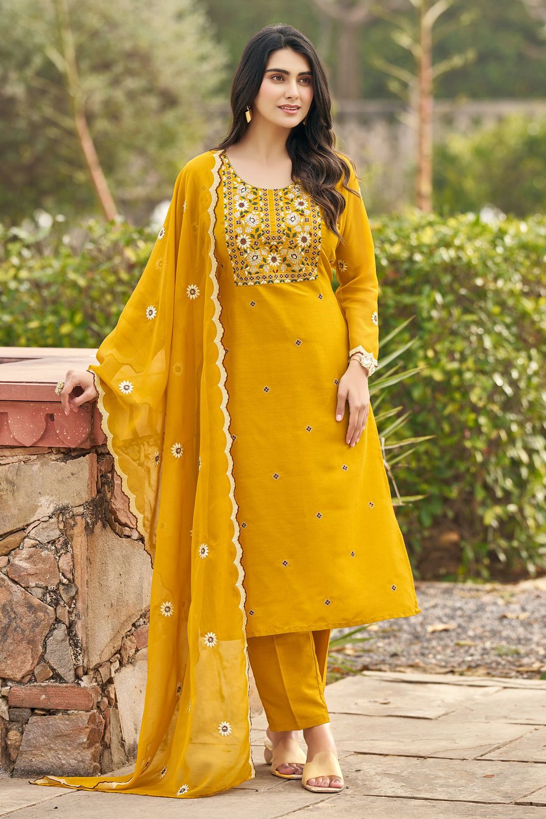 Yellow Neel Kamal Rayon Embroidered Suit Set