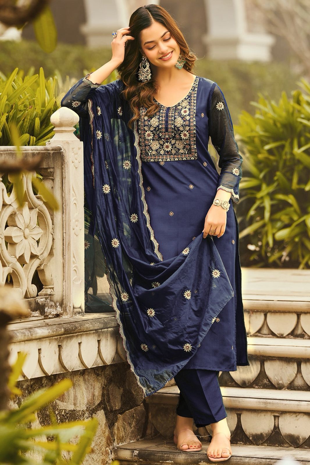 Blue Neel Kamal Rayon Embroidered Suit Set