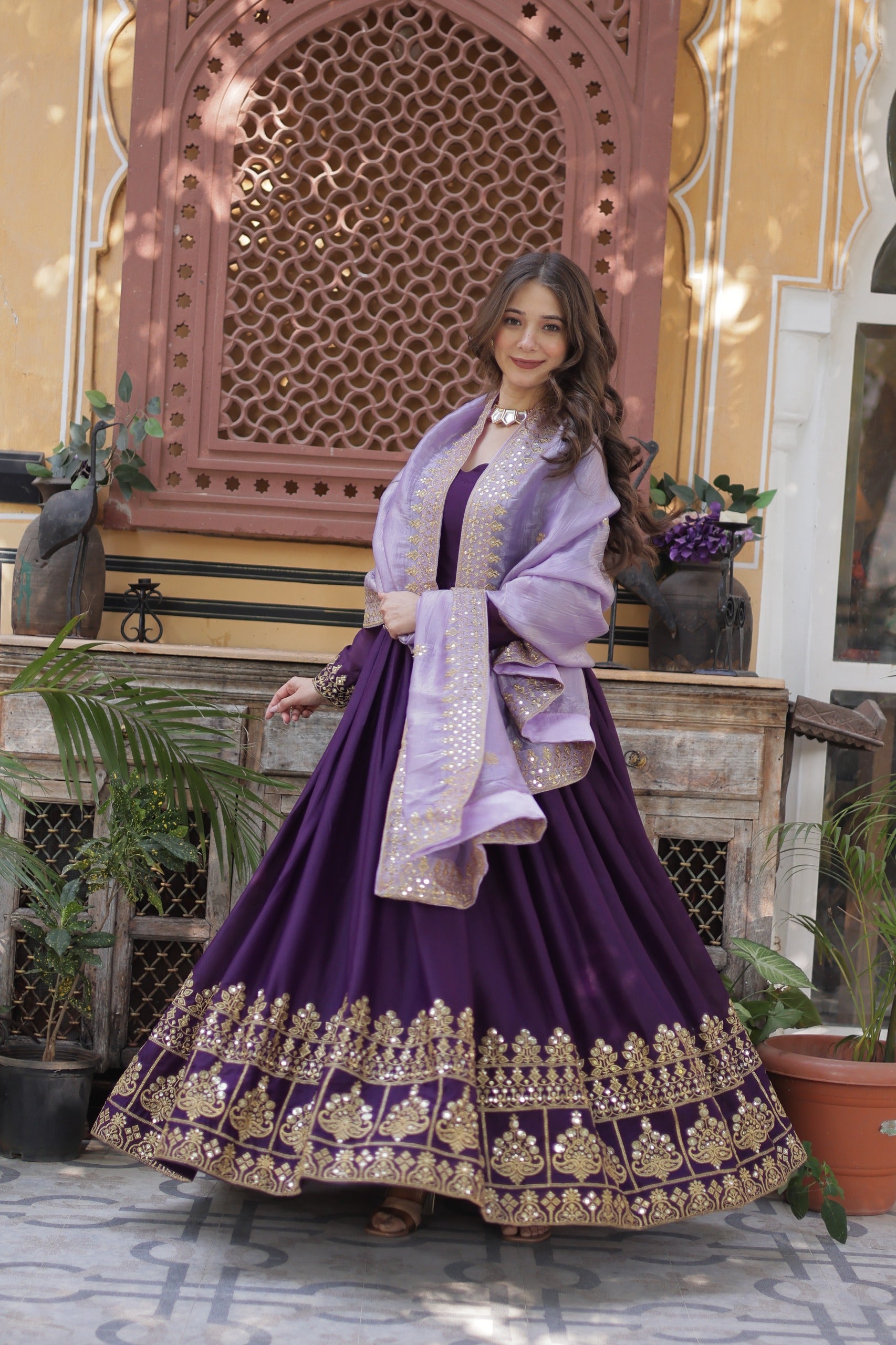 Purple Star Georgette Gown with Dupatta