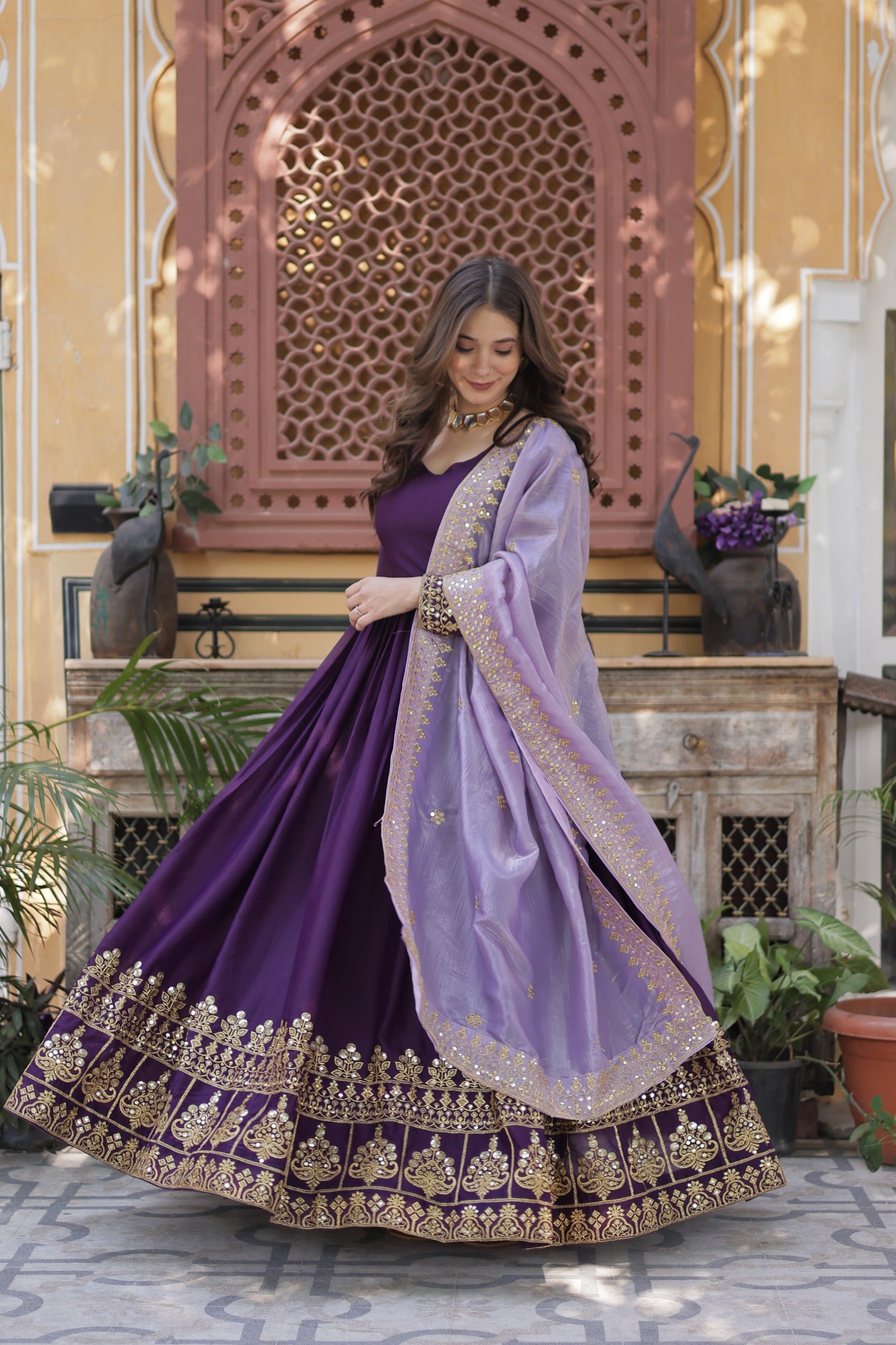 Purple Star Georgette Gown with Dupatta
