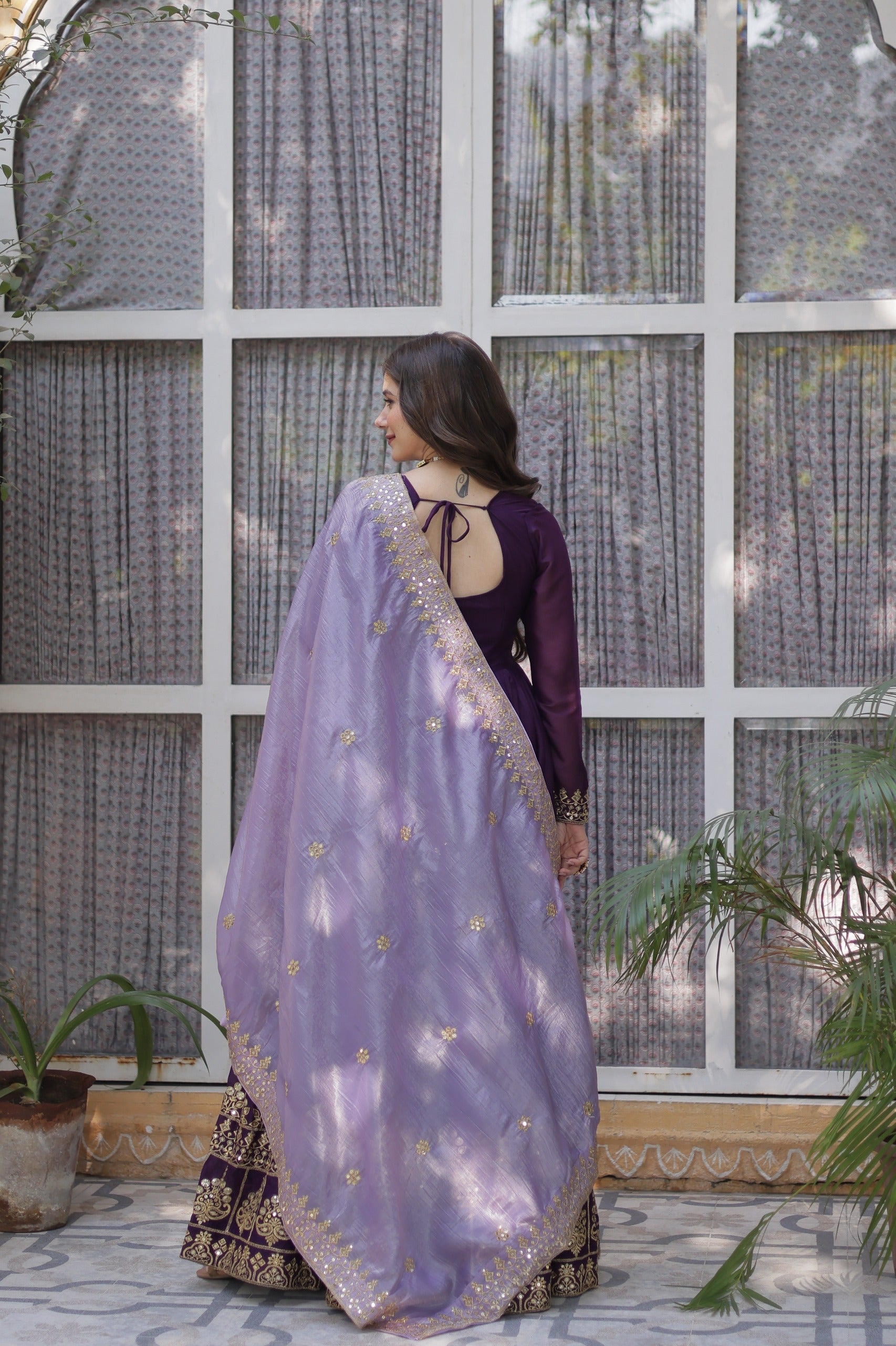 Purple Star Georgette Gown with Dupatta