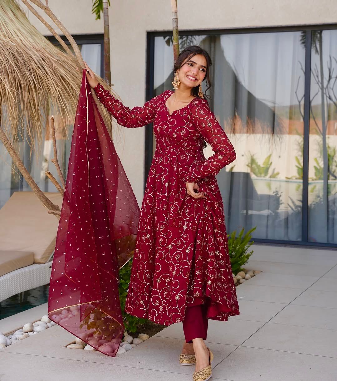 Pure Chinon Heavy Embroidery Gown Pant Dupatta Set