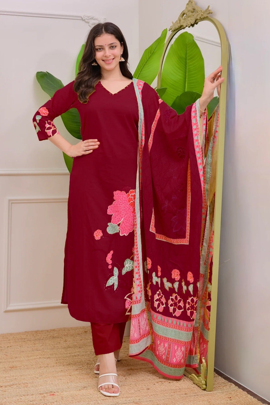 Maroon VastraSaaz Muslin Dupatta Set