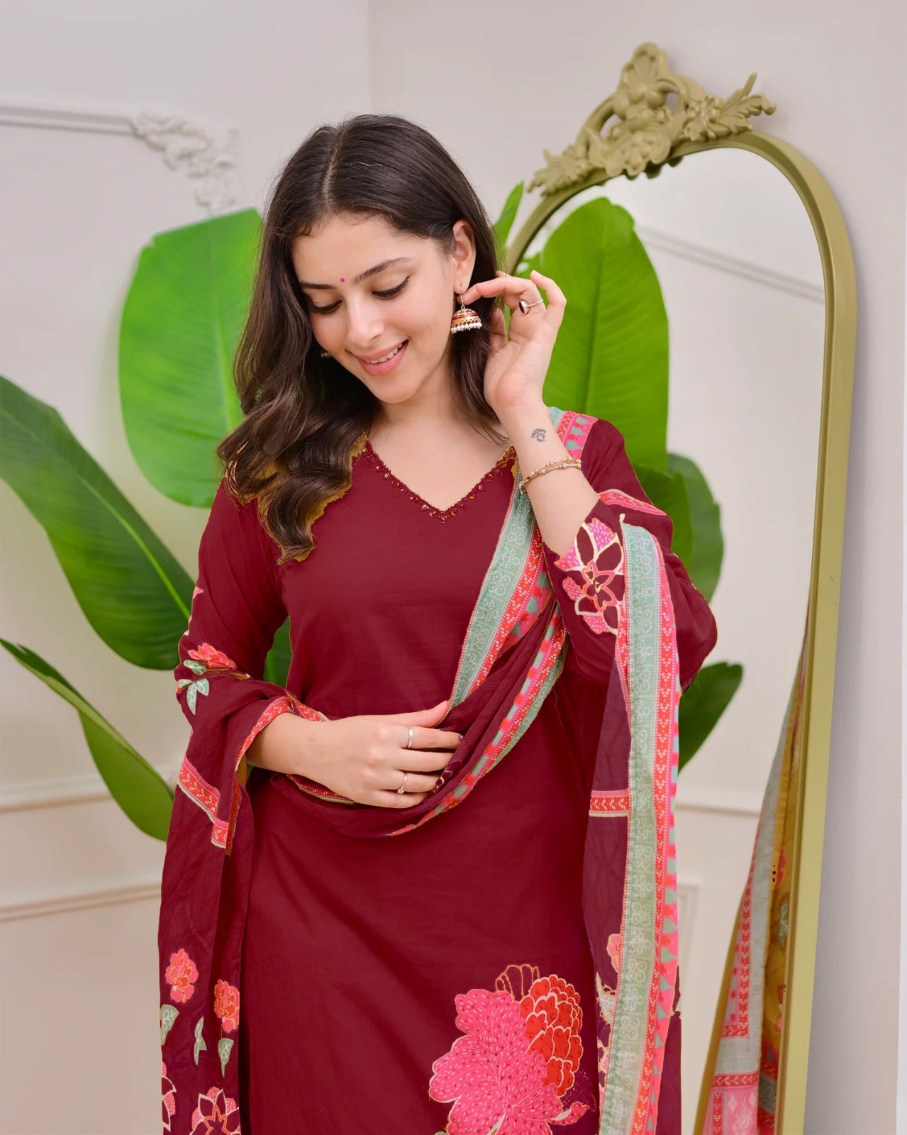 Maroon VastraSaaz Muslin Dupatta Set