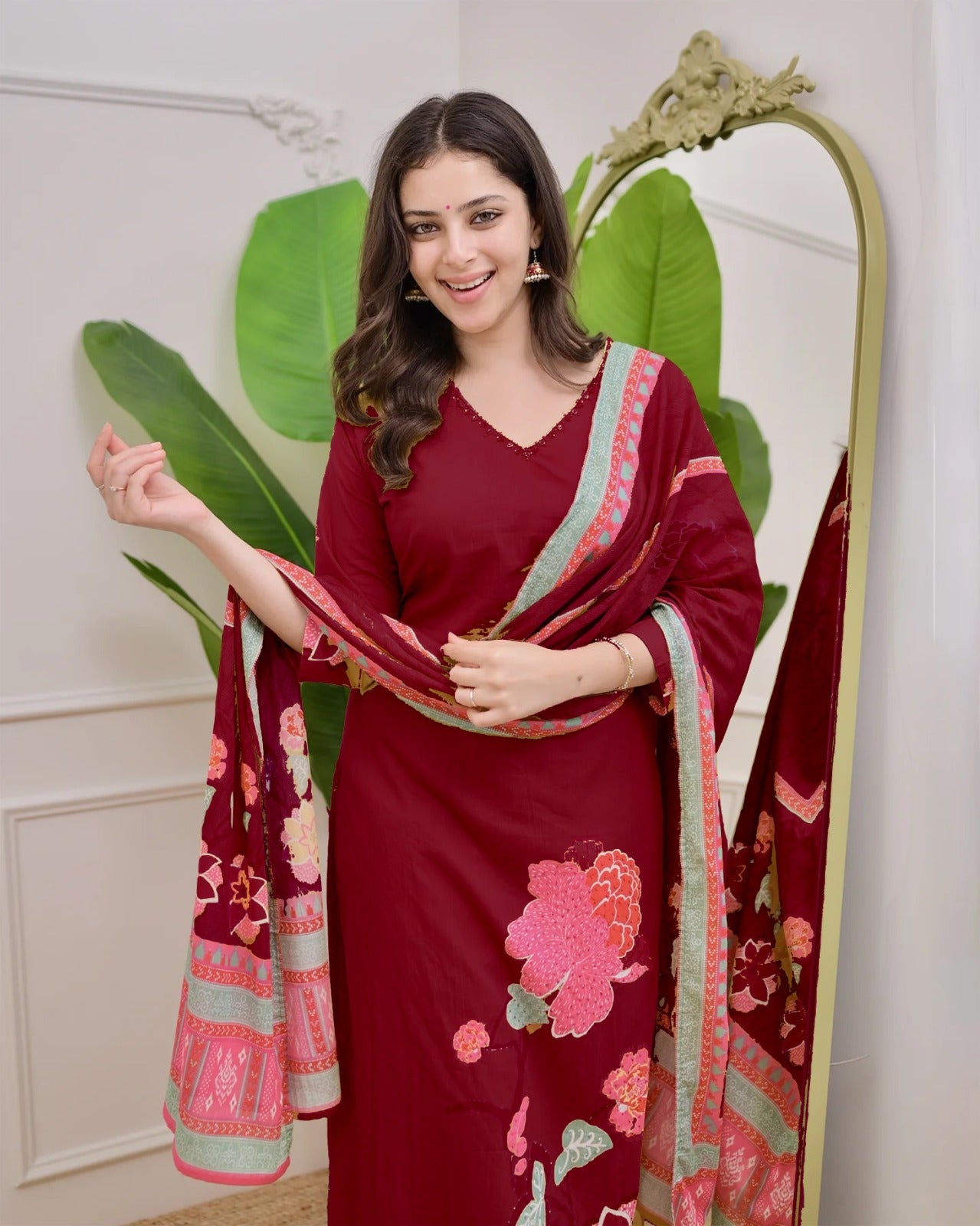 Maroon VastraSaaz Muslin Dupatta Set
