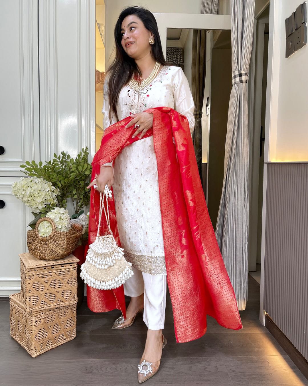 Shwet Damini Chanderi Jacquard Suit Set