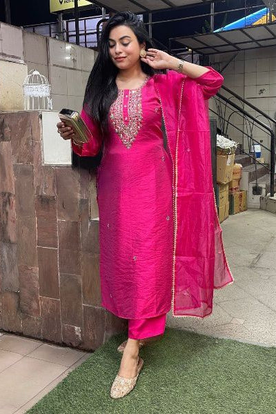 Pink Viscose Chanderi Suit Set